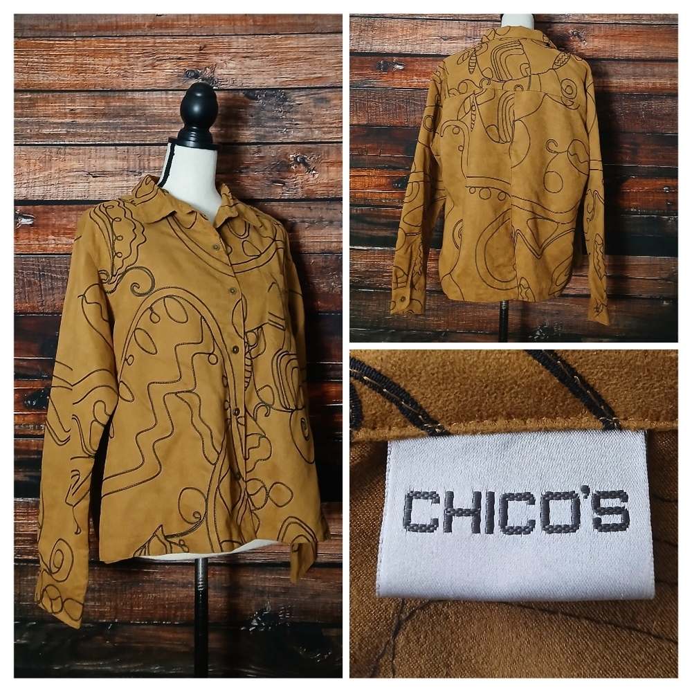 Chicos Top Size 2 US L Faux Suede Embroidered Brown Black Button Front